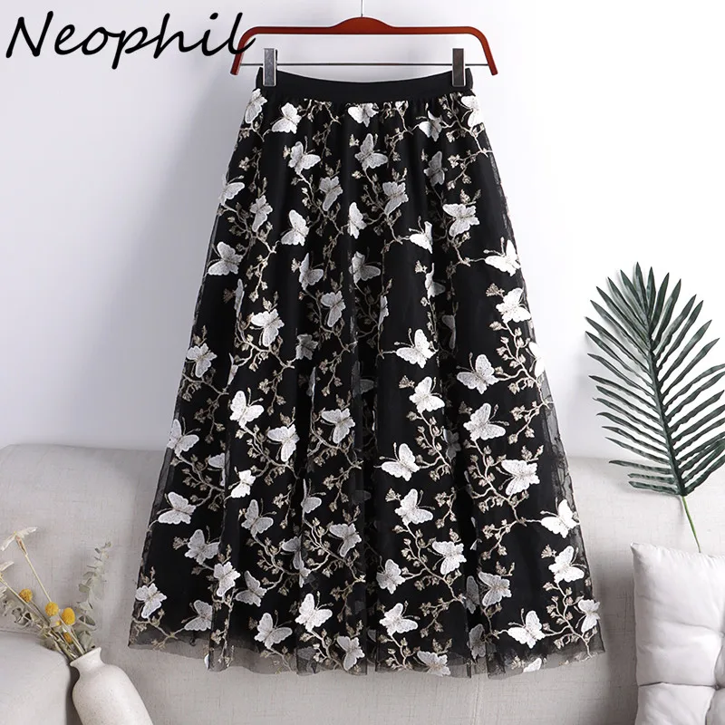 Neophil 2023 Summer Retro Butterfly Embroidered Mesh Skirts Layers Women Elastic Waist Party Tulle Midi Skirt Jupe Femme S21824