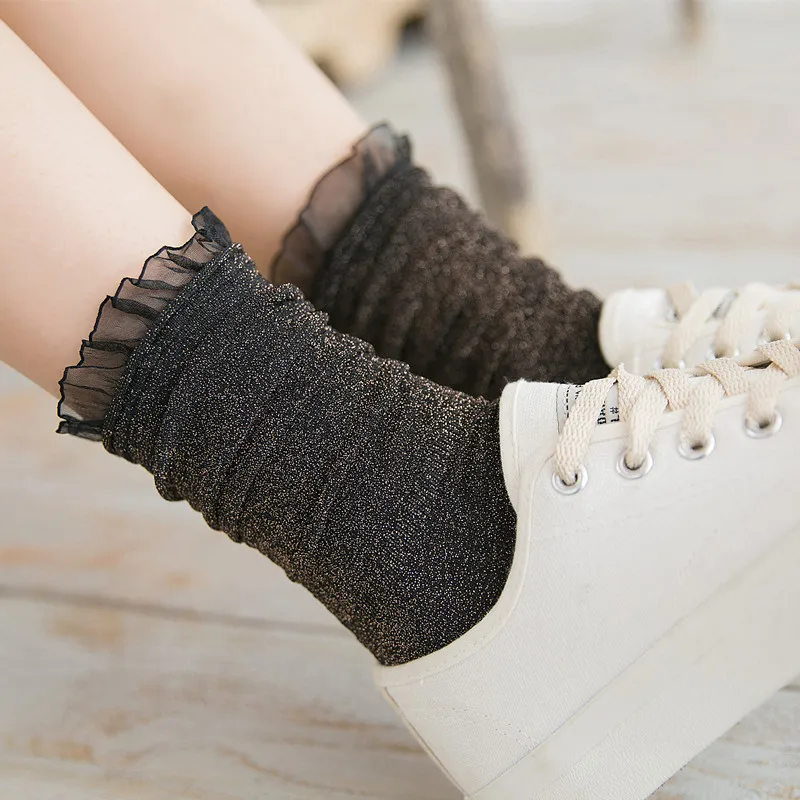 10Pairs Japanese autumn women's socks Ms lace solid color bright silk in tube socks preppy fashion silver onions socks woman