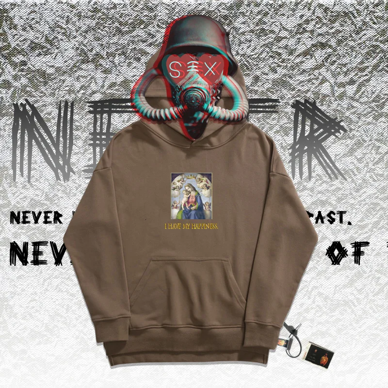 Sudaderas hombre, толстовка с капюшоном, Классическая, с рисунком Рафаэля, маслом, для девственницы и ребенка, толстовки с принтом «I HAVE MY HAPPINESS» - Цвет: Deep coffee color