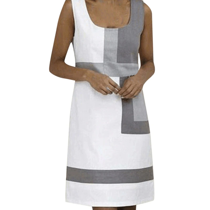 

Summer Dress 2019 Fashion Slim Fit Shift Geometric Print Patchwork Color Sleeveless White Women Loose Mini Dress Plus Size S-XXL