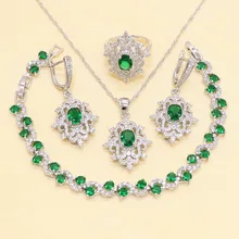 Цветок зеленый фианит серебряный цвет 925 комплекты украшений для женщин браслет из серьги ожерелье кулон подарочная коробка