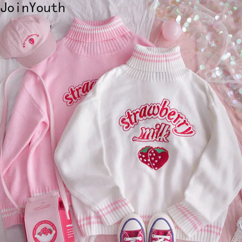 Turtleneck Sweater Pullovers Loose Jumper Embroidery Strawberry Joinyouth Sweet Wear