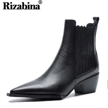 

RIZABINA Ankle Boots For Women Genuine Leather Pointed Toe Thick Heels Shoes Solid Color Autumn Winter Chelsea Boots Size 34-40