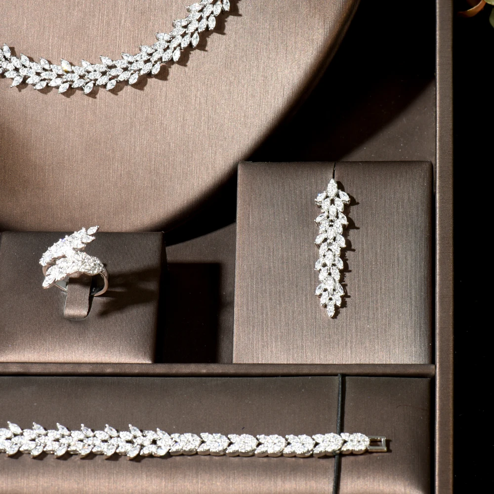 HIBRIDE Long Leaves Earrings Necklace Set For Women Cubic Zirconia Wedding Party Dubai Bridal Jewelry Set Brincos Female N-1843 - Image 3