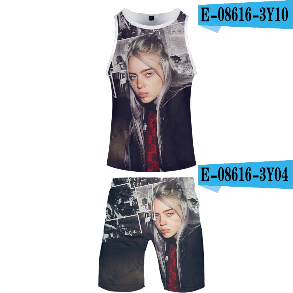 Лето, мужской повседневный пляжный жилет Billie Eilish без рукавов, шорты, спортивный костюм+ штаны, Быстросохнущий Спортивный костюм, мужские спортивные костюмы - Цвет: 3D