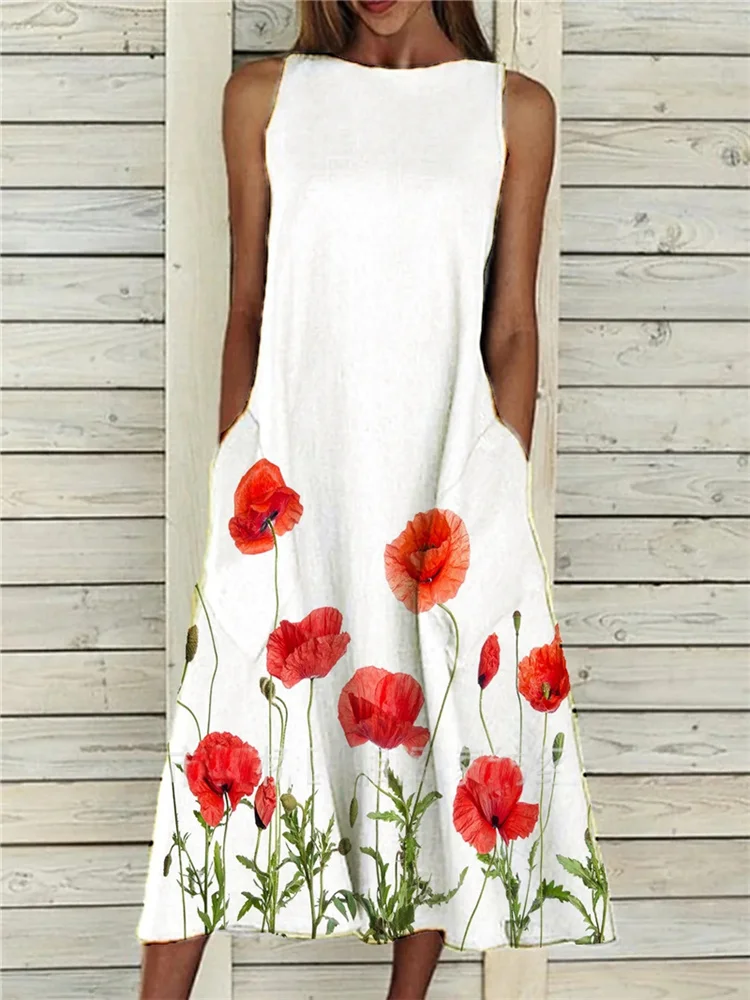 

2021 Summer Women's Sexy Sleeveless Vintage Floral Printed Long Dress Casual Loose Pockets Beach Party Dresses