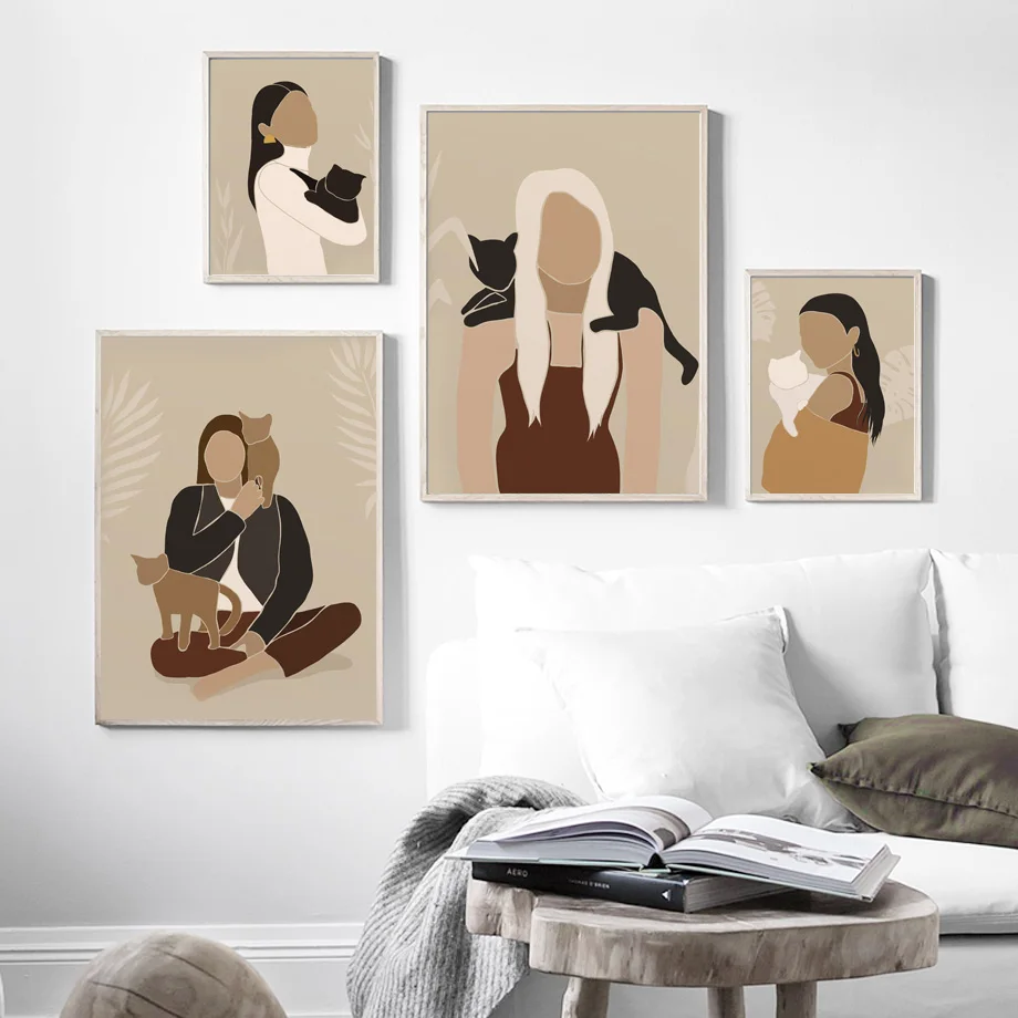 Long-haired-Fashion-Woman-And-Ocelot-Black-Cat-White-Cat-Canvas-Painting-Wall-Art-Poster-And (1)