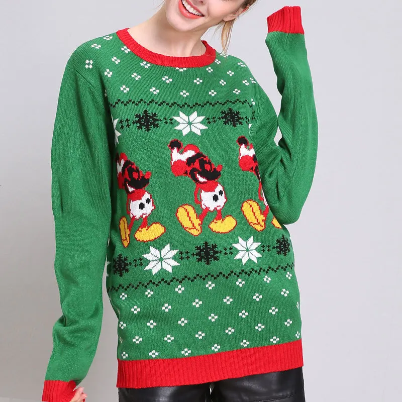 Women Christmas Clothes Sweater Snow Pullover Knitting Green Long Sleeve Oversize Autumn Winter Cotton Ladies Sweaters