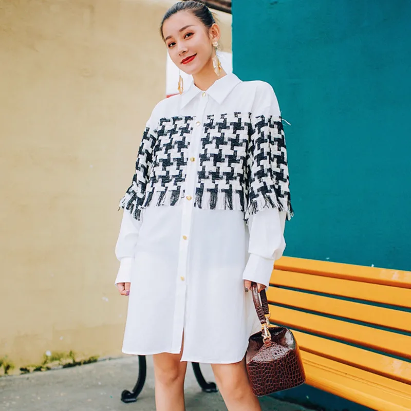 

TVVOVVIN Solid Color Stitching Lattice Tassel Long Sleeve Lapel Plus Woman Dress Casual Simple Fashion 2019 Autumn New F045