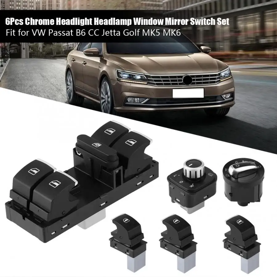 button start stop 6Pcs Chrome Headlight Headlamp Window Mirror Switch Set for B6 CC Golf MK5 MK6 car switch relay | Автомобили и