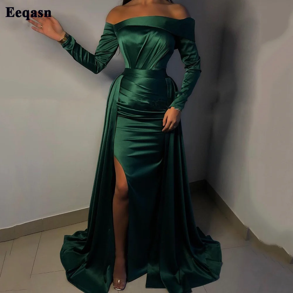 

Eeqasn Зеленые Вечерние платья-русалки, юбка с открытыми плечами, атласное платье для выпускного вечера, Женские официальные платья с длинным ...