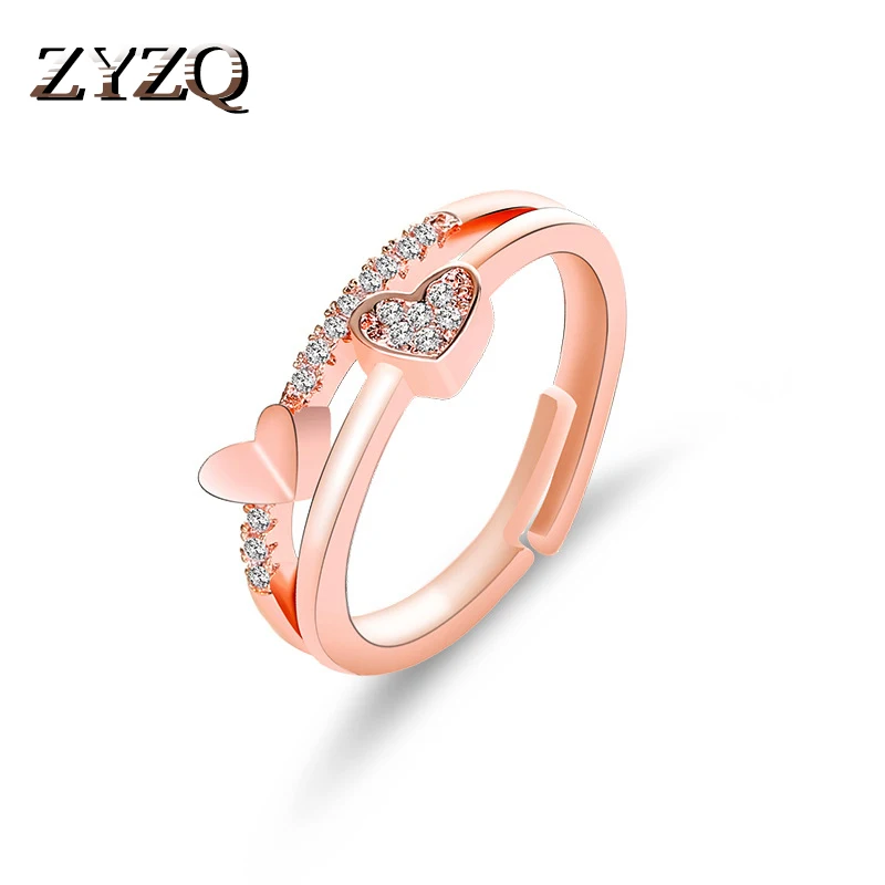 

ZYZQ Double Love Heart Shaped Wedding Rings With Tiny Stone Setting Trendy Adjustable Engagement Gift Open Ring For Women 2019