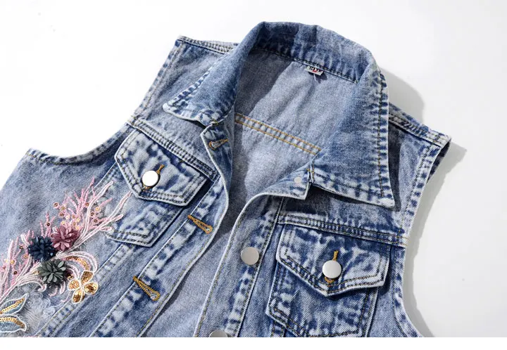 Модный уличный стиль 3D Цветы Вышивка джинсовый жилет женский с жемчугом джинсовые жилеты без рукавов