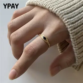 

YPAY 100% 925 Sterling Silver Open Rings for Women Japan Korea INS Black Eye Finger Tail Ring Bague Fine Party Jewelry YMR1003