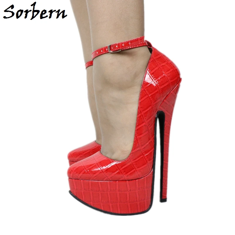 Sorbern Crocodile Women Pumps Pointy Toes Platform 20Cm High Heel Shoe Ladies Sexy Ankle Strap Play Fun In Bed Shoes Females