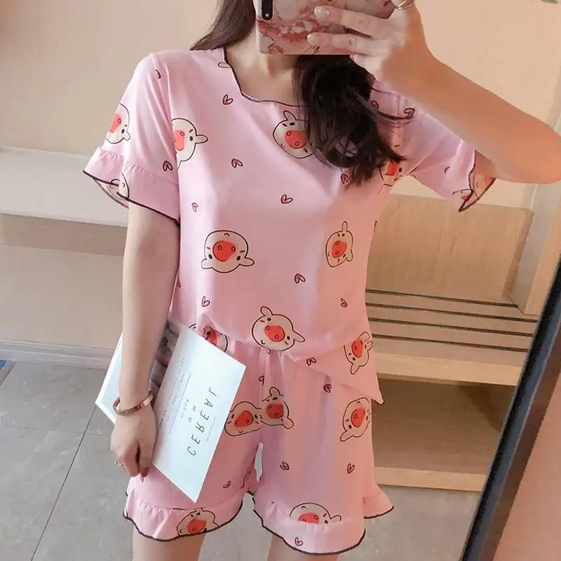 Cute Women Cartoon Kawaii Sleepwear Summer Print T-shirt Tops+ Elastic Waist Casual Loose Shorts Pajama Sets Home Clothing - Цвет: Pink pig