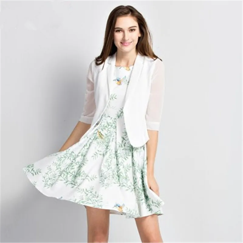 

Three Quarter Blazer Thin Slim White/Black Jacket Femme Casual Summer Chiffon Women Blazers And Jackets CJ061