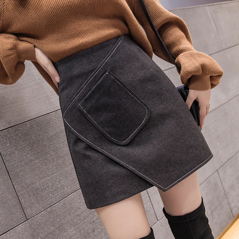 winter woolen mini sexy skirt womans fashion asymmetrical skirts female stripe patchwork pocket elegant black jupe femme - Цвет: black