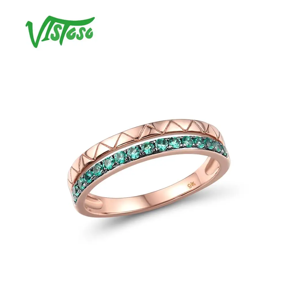 

VISTOSO Genuine 9K 375 Rose Gold Ring with lab Created Emerald For Lady Engagement Anniversary Lovely Chic Gift Fine Jewelry
