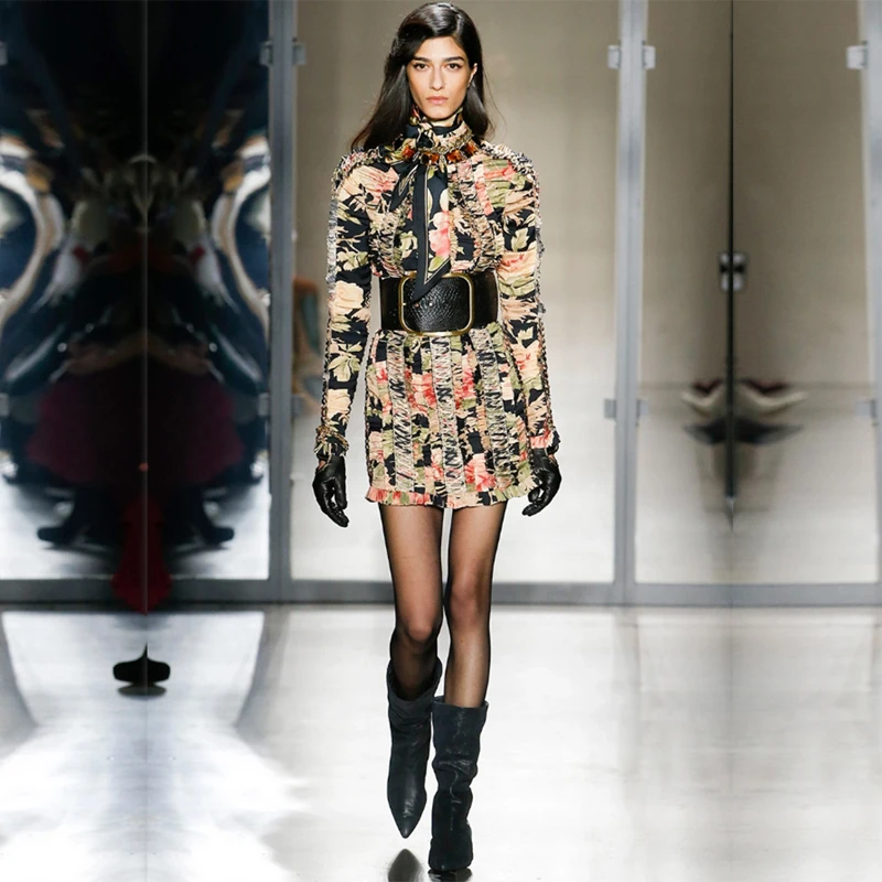 

Autumn Runway Woman Bodycon Mini Dress Long Sleeve Ruffles Print Cross Strap Pleated Short Dress Vestidos