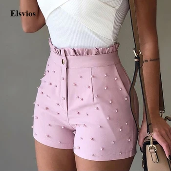 

Summer Ruffle High Waist Women Shorts Elegant Pearl Zipper Femme Booty Shorts Casual Female Solid PU Leather Bandage Short Pants