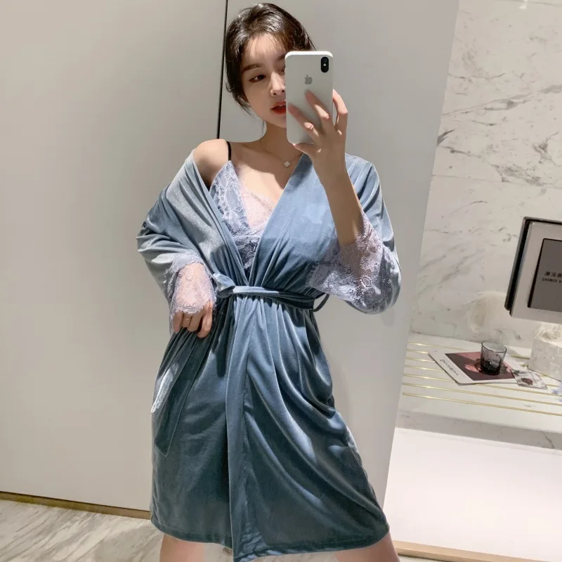 Зима золото бархат 2 шт халат платье наборы для женщин Сексуальная кружевная ночная рубашка в комплекте с купальным халатом ночное белье осень домашняя одежда