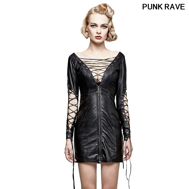 

Classic Black Hollow Out Leather Deep V bandage zipper Dress Fashion Casual Net Sexy slim Women Dress PUNK RAVE Q-312