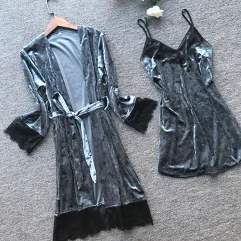 

2PCS Lady VELOUR Casual Kimono Gown Lounge Nightwear Sexy Women Robe Set Sleepwear Softy Autumn New Bathrobe Intimate Lingerie