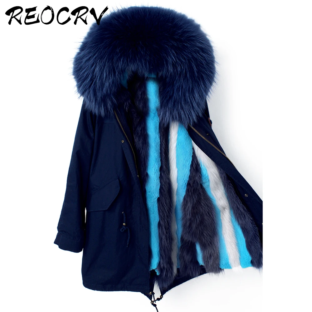 

REOCRV Deep Blue Parka Women Real Fur Coat Winter Coat Women Natural Foc Fur Parka With Hooded Fashion Long Parka Real Fur Parka