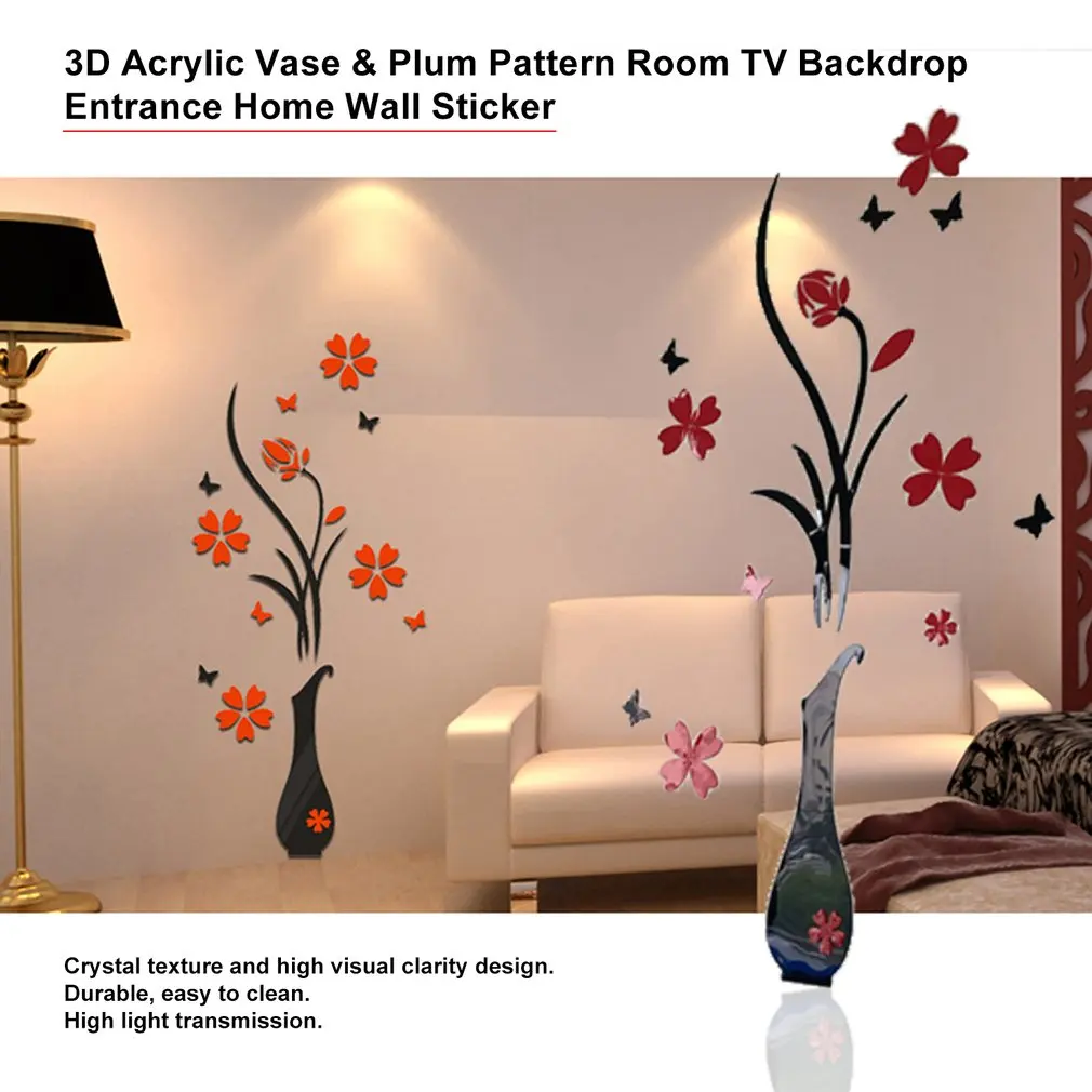 3D Acrylic Vase & Plum Pattern Room TV Backdrop Entrance Home Wall Sticker High Visual Clarity High Light Transmission Durable