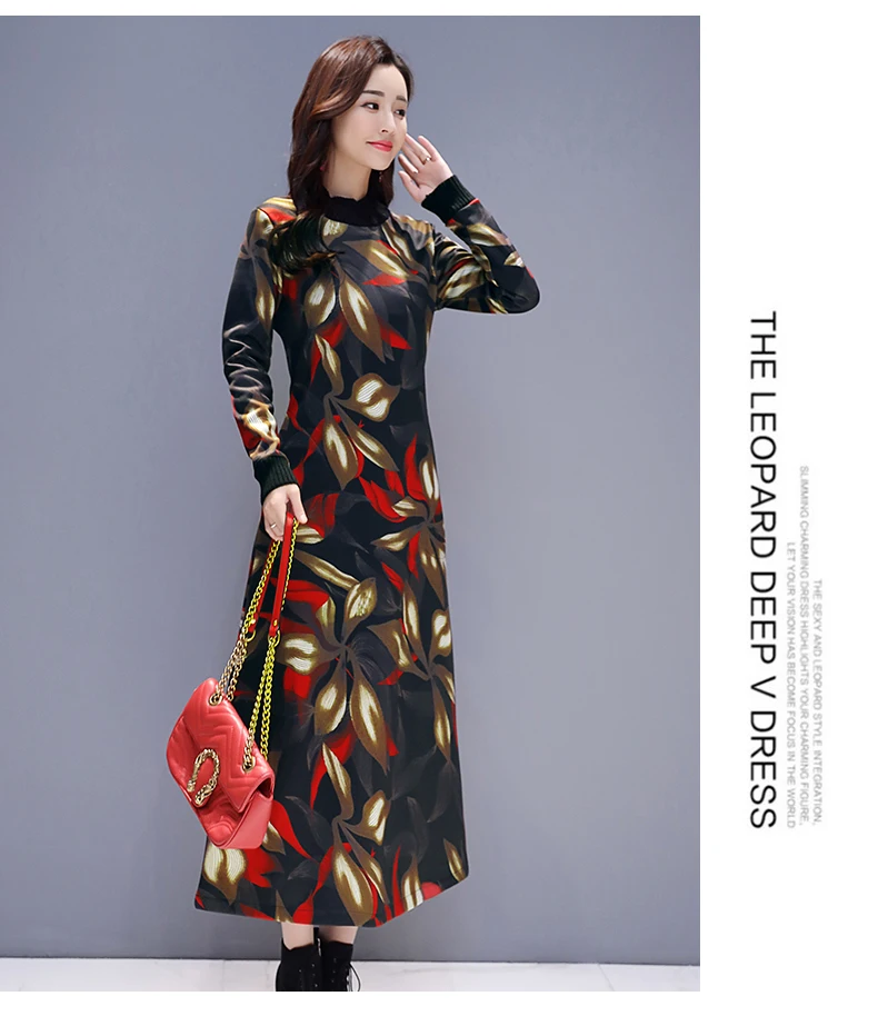 P Ammy Winter Plus Velvet thickening Floral print Retro Mid-Long Dress women Fleece Lining Slim Dress plus size