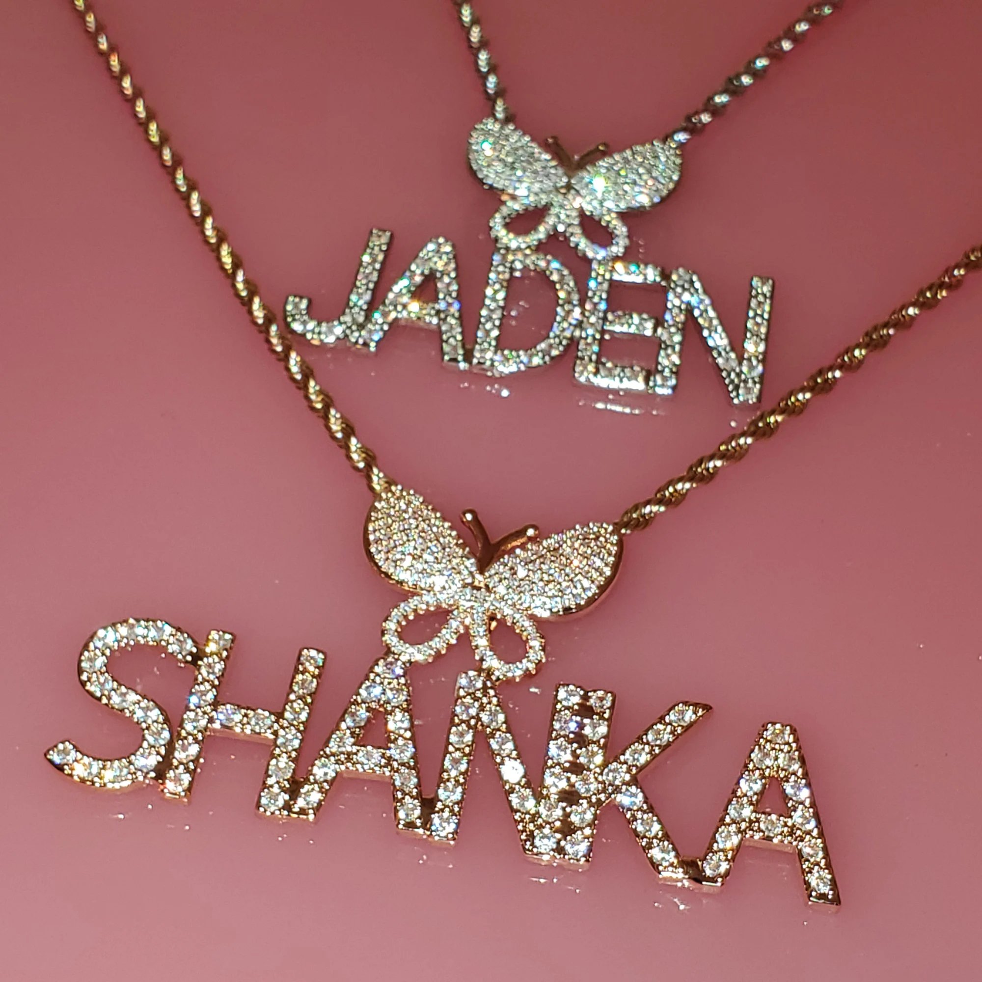 Icy Butterfly necklace with Custom Name Plate Bling Letters Necklace Personalized Name Jewelry Personalised Gifts for Her