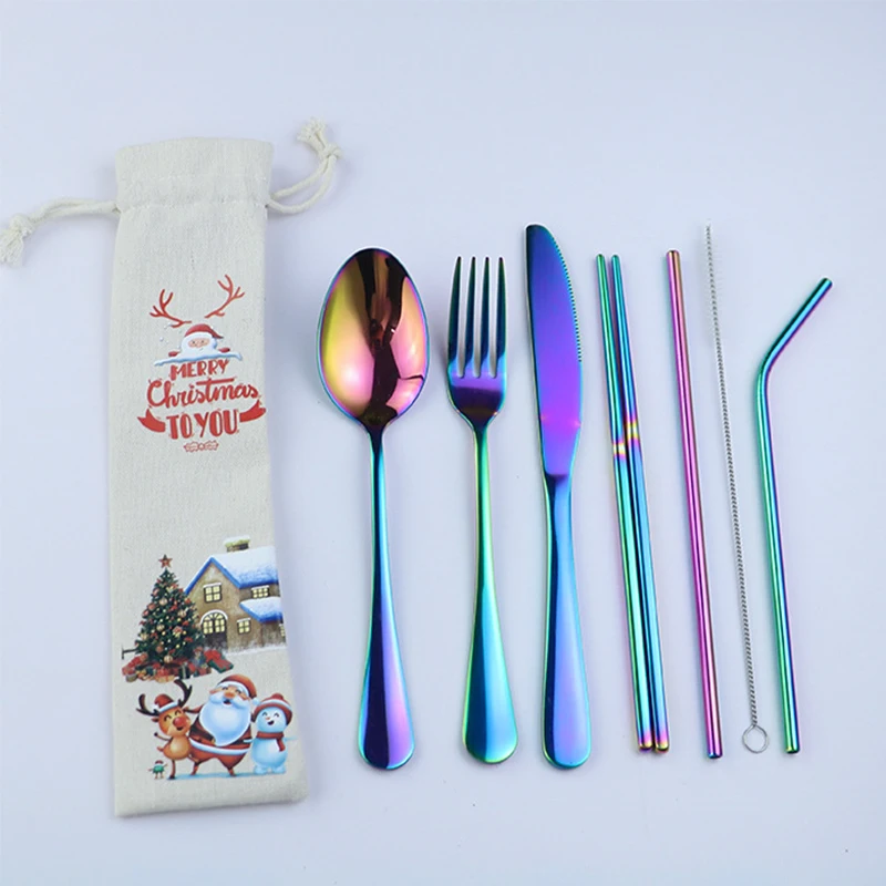 8pcs-C-Colorful Рождественский стиль, красочный набор посуды столовые приборы из нержавеющей стали, набор вилок, ложек, палочек для еды, Портативная сумка, набор столовых приборов для путешествий - Цвет: 8pcs-C-Colorful