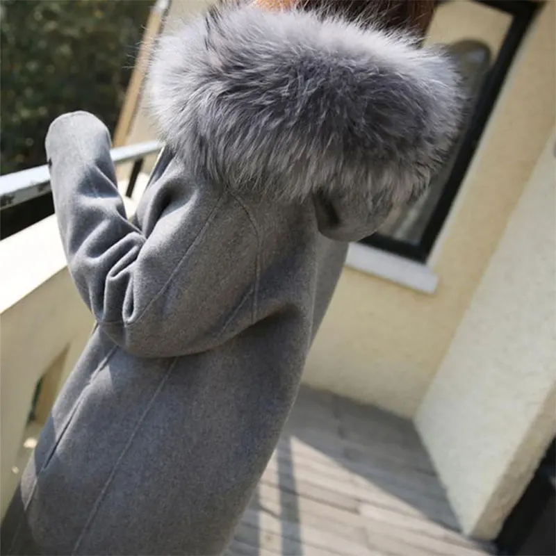 Серое меховое пальто с капюшоном, шерстяное длинное зимнее пальто, женское повседневное теплое тонкое пальто на молнии, Женская Корейская верхняя одежда Abrigos Mujer Invierno