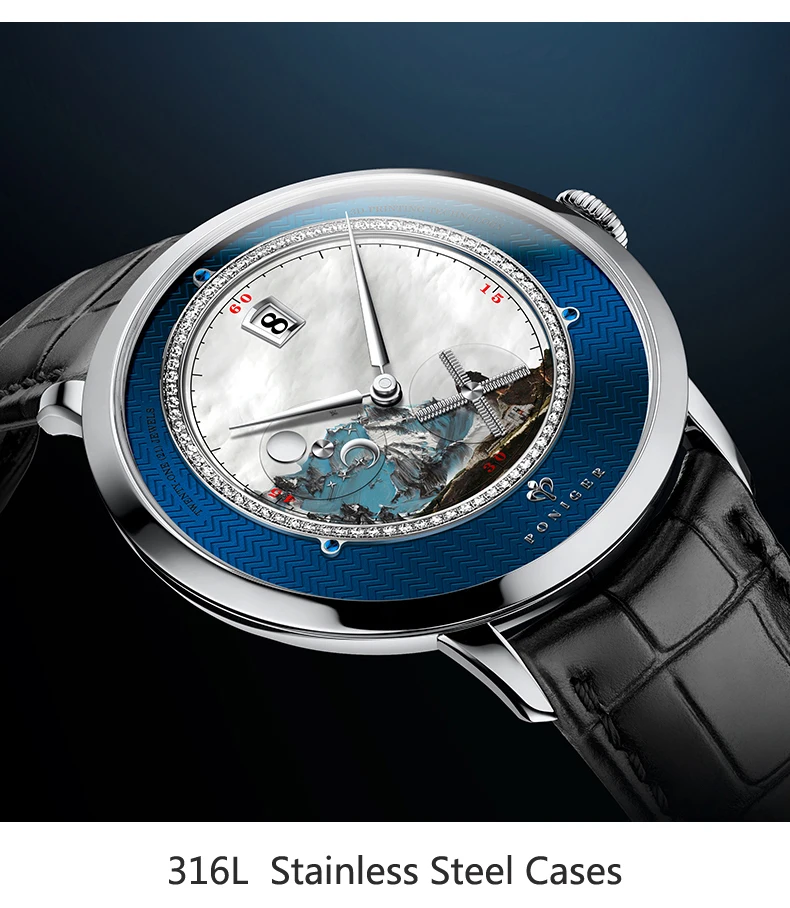 Швейцарский Топ люксовый бренд PONIGER мужские часы Япония Импорт Автоматические Механические MOVT наручные часы пейзаж циферблат сапфир P723-1
