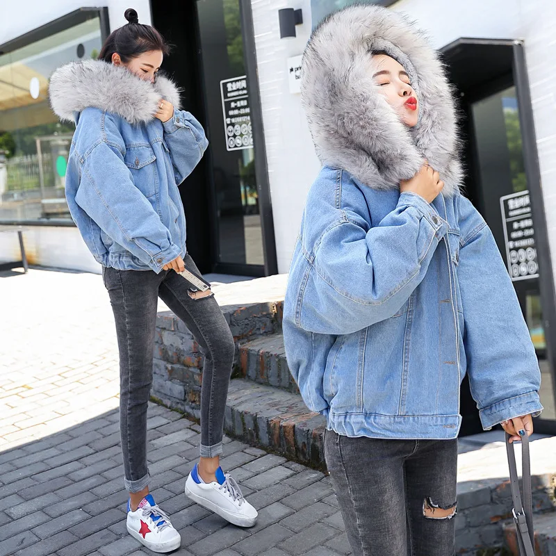 

2018 Winter New Style Large Fur Collar Hooded Faux Rabbit Fur Thick plus Velvet Cowboy Cotton-padded Clothes WOMEN'S Coat