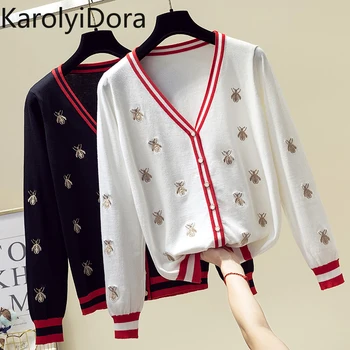

Fashion Designer Bees Embroidery Cardigan 2020 Spring Women Knitted Sweater Coat V-Neck Single Breasted Outwear Female Cardigans