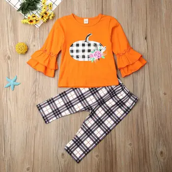 

Halloween Toddler Baby Girl Clothes Pumpkin Ruffle Tops+Plaids Pants Outfit