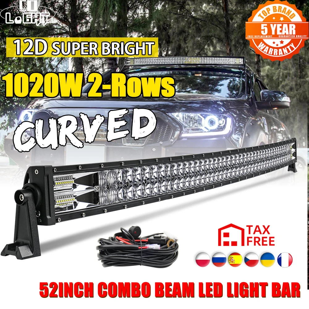 CO LIGHT 52inch 1020W 12D Curved LED Light Bar Flood Spot Combo Beam Led Work Light For Driving Offroad UAZ 4×4 Tractor 12V 24V