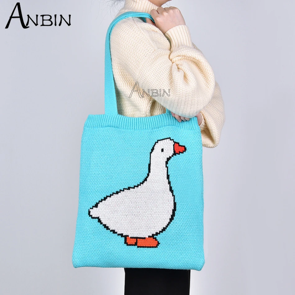 Female Bag Cartoon Pattern Crochet Knitting Woolen Shoulder Handbag Women Retro Large Capacity Cute Bags for Girl Shopping Totes