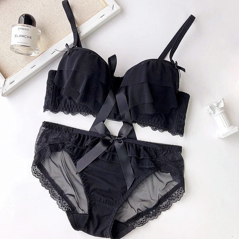 Wriufred Mesh Dream Fairy Gathered Bra and Panties Wire Free Lingerie Set Chiffon Teenage Bow Bralette Underwear Sets