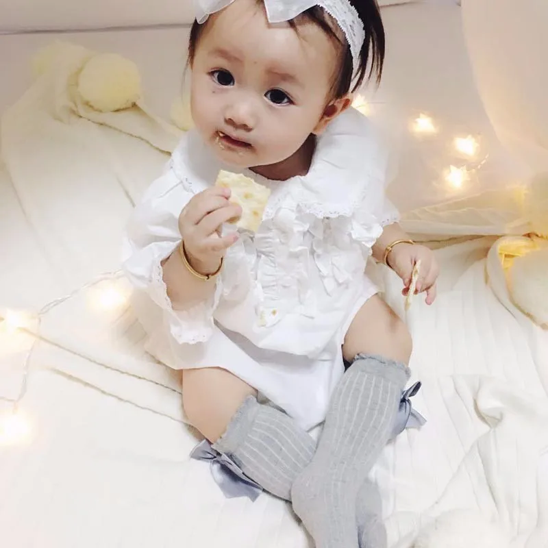 Hilittlekids/зимние однотонные теплые гольфы для маленьких девочек с бантиками; длинные Детские ботиночки принцессы; носки в Вертикальную Полоску
