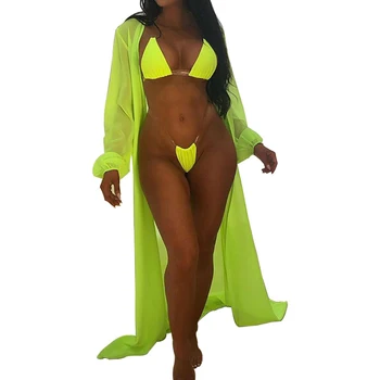 

Fashion Women Solid Color Sexy Bikini Set Long-sleeved Blouse 3 Pcs Swimsuits Cover Ups Beachwear 2020 Summer Beah Pool Party