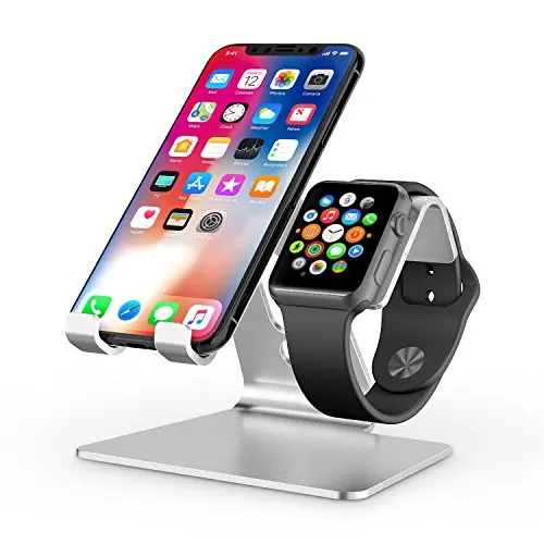 Apple Watch Stand, OMOTON 2 в 1 универсальный настольный держатель для iPhone и Apple Watch(как 38 мм/40 мм/42 мм/44 мм)(черный - Цвет: Серебристый