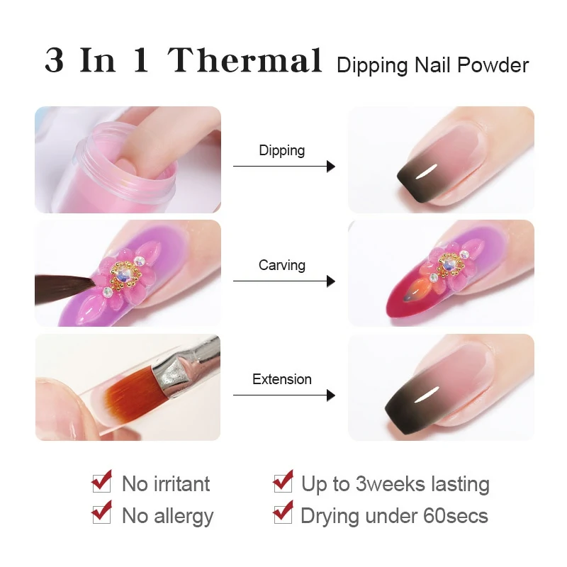 BORN PRETTY 3 IN 1 Thermal Polymer Dipping Nail Powder 10ml Color Changing Acrylic Extension Carving Nails Powder Glitter