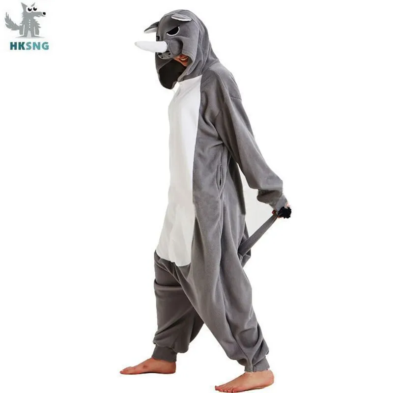 HKSNG Adult Rhino Onesies Kigurumi Costume Fleece Bull Cartoon Animal Halloween Party Rhinoceros Jumpsuits Pyjamas Suit