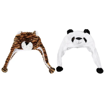 

2 Pcs Childrens Animal Hat with Scarf Faux Fur Kids Winter Hat Cool Gift - Brown Tiger & Panda