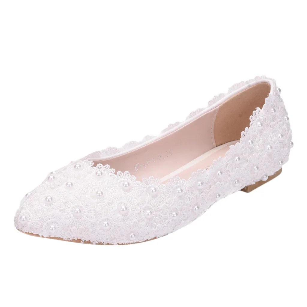 Белые свадебные туфли; женские туфли-лодочки с острым носком; модельные тонкие туфли с кружевом и жемчугом; классические повседневные туфли с цветочным принтом; zapatos de mujer - Цвет: Белый