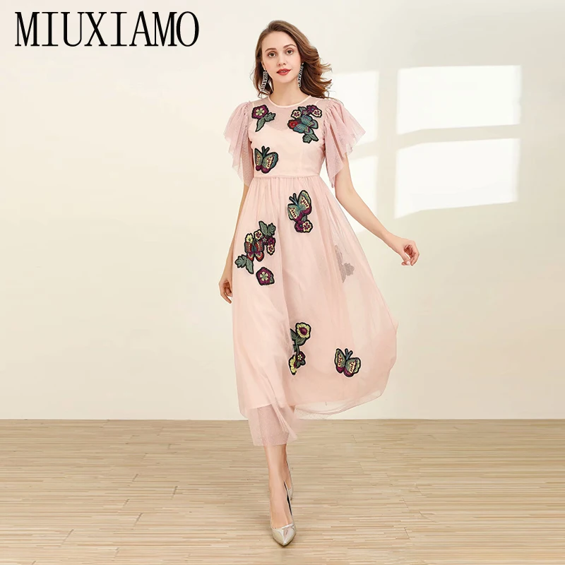 MIUXIMAO, высокое качество,, весеннее платье, Цветочная бабочка, вышивка, короткий рукав, элегантное, розовое, длинное платье для женщин, vestidos