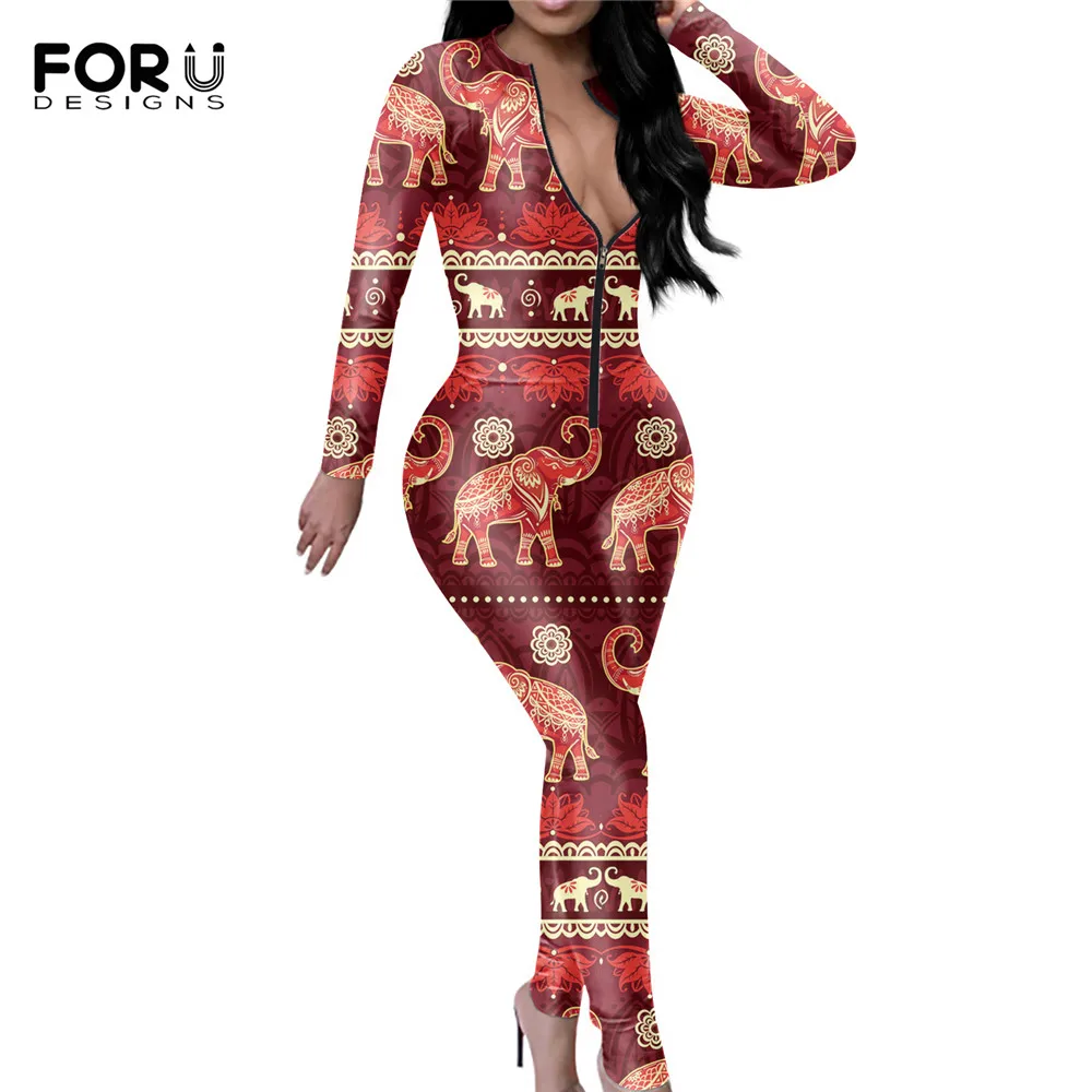 

Bosysuits for Women's Bohemian Elephant Pattern Ladise Long Sleeve Junpsuit Costume Female Sexy Catsuit Ropa de Mujer